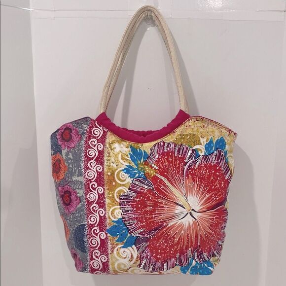 Sun N Sand Messina Large Cotton Tote Tropical Hibiscus Floral Design - Picture 1 of 17